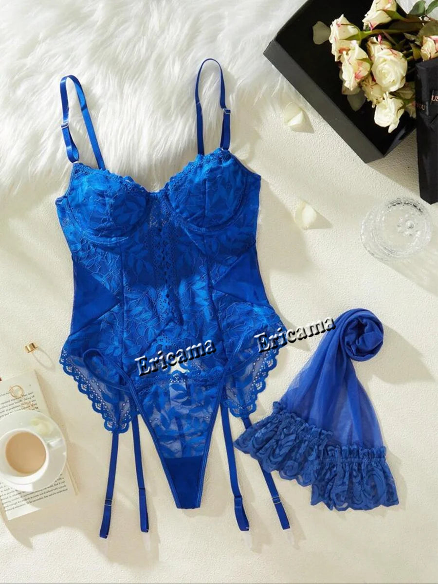 Blue sheer lace bra & panty with garter straps, plus matching bow detail