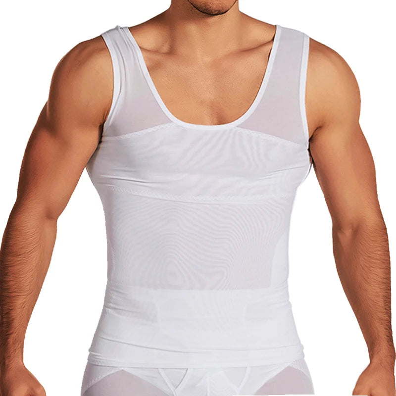 Men's white compression vest with sheer side panels and scoop neckline