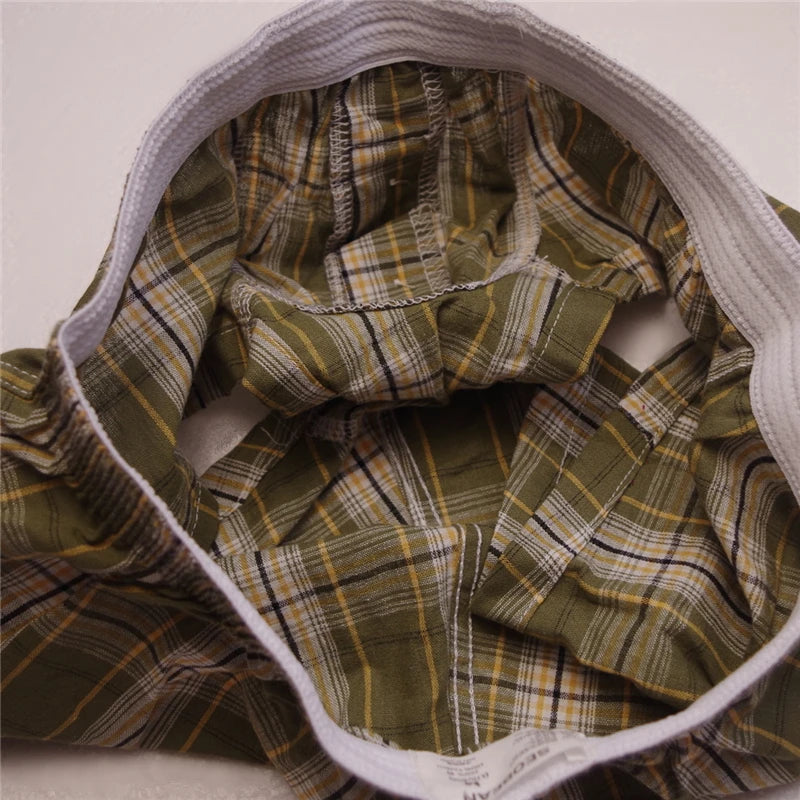 Olive plaid cotton boxer briefs close-up of elastic waistband and inner fabric