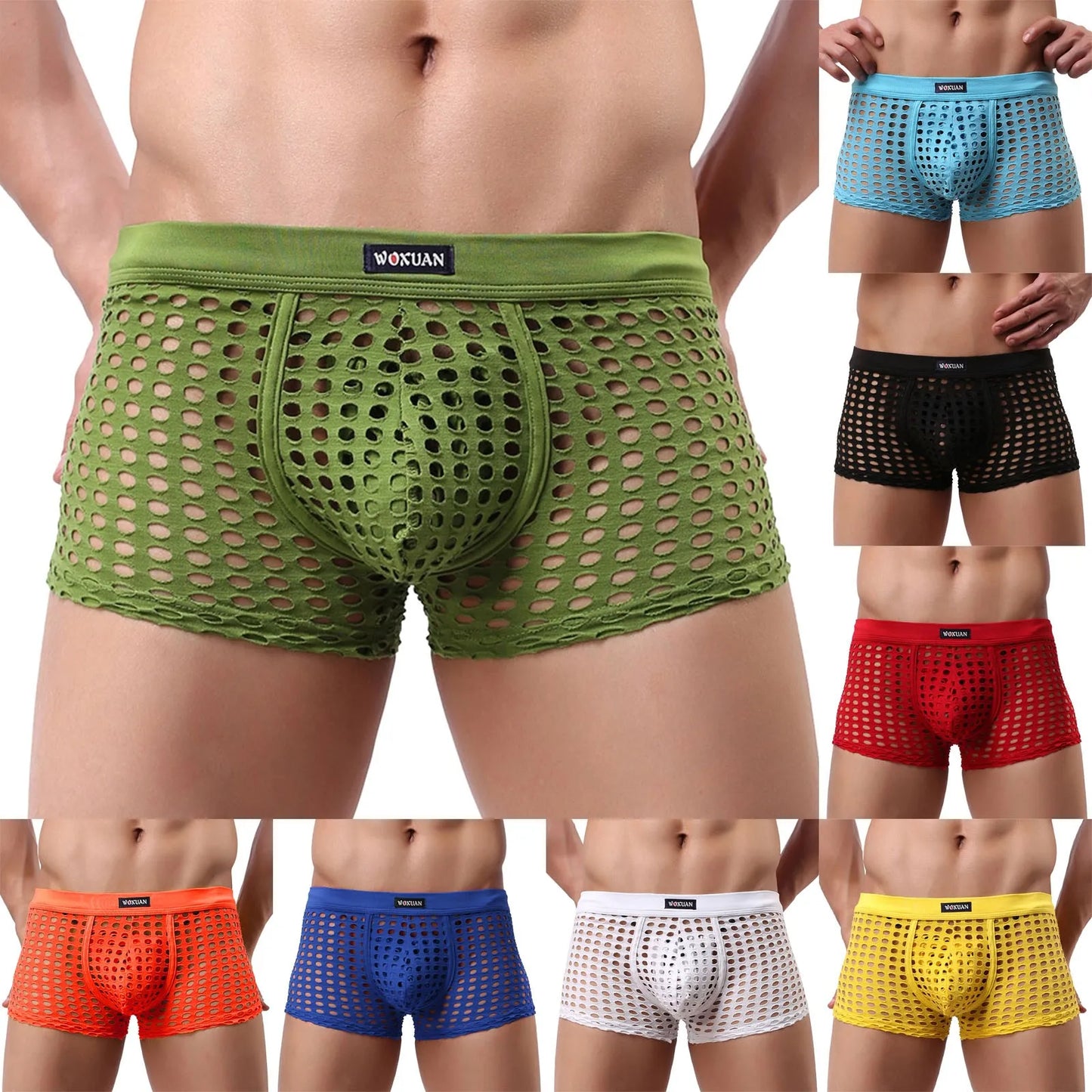 Open-mesh cutout boxer shorts, green, perforated mesh, pouch front on model.