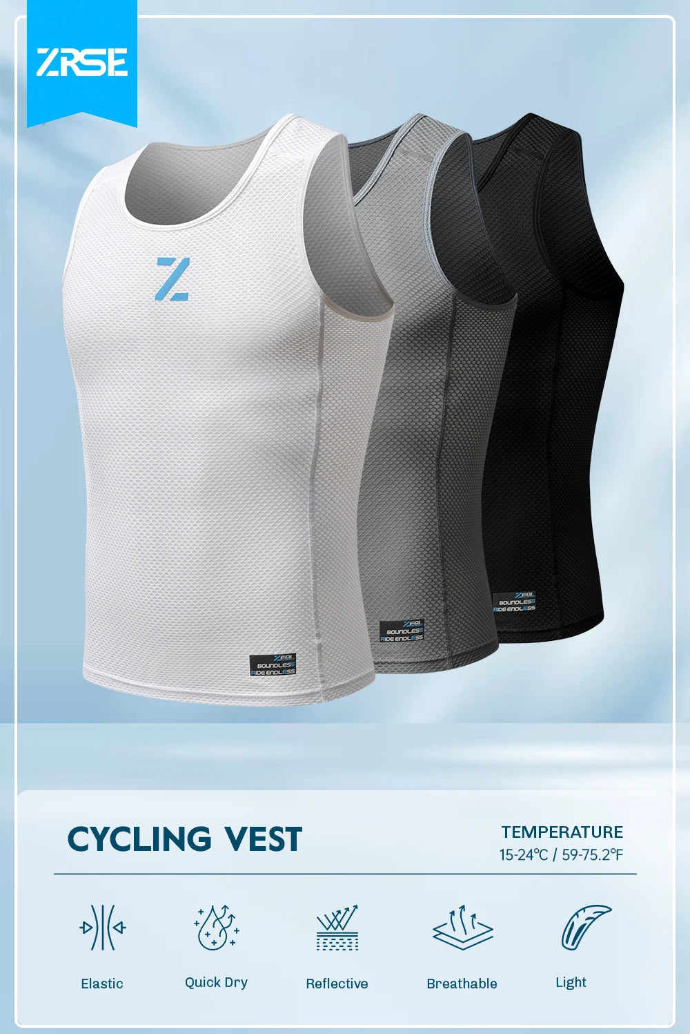 Men's cycling mesh vest base layer set: white, gray, and black vests