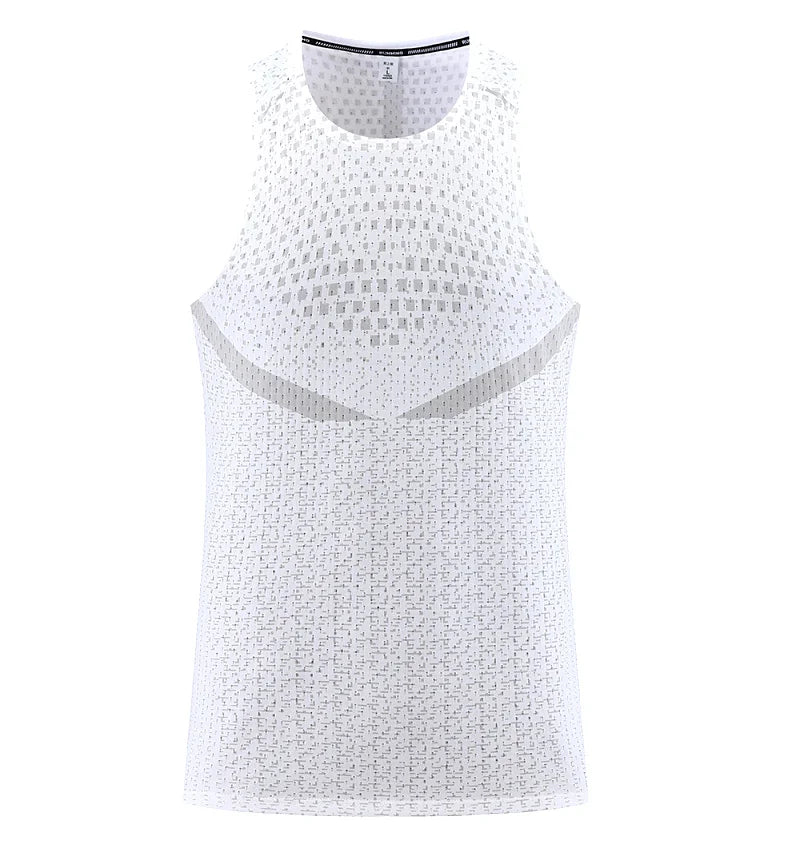 Men's breathable mesh gym vest tank, white, sleeveless with scoop neckline