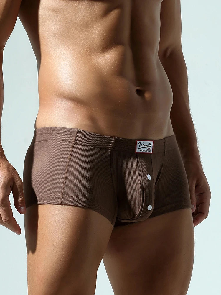 Coffee slim-fit brief with front button detail and logo patch