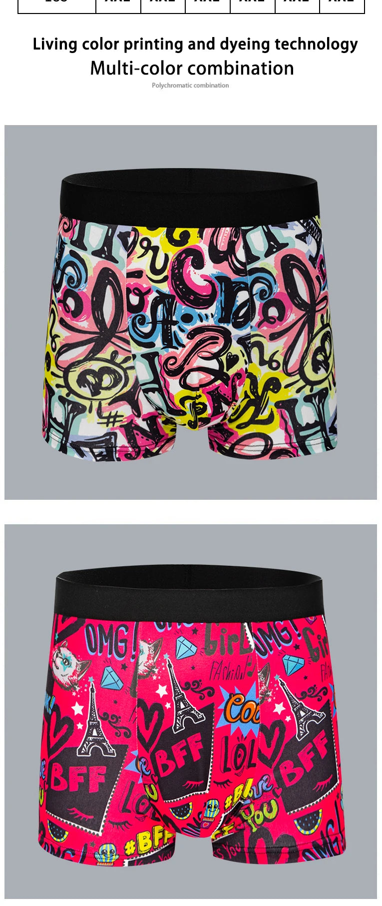 Two-pack of multicolor printed boxer shorts with black waistbands, graffiti-style designs
