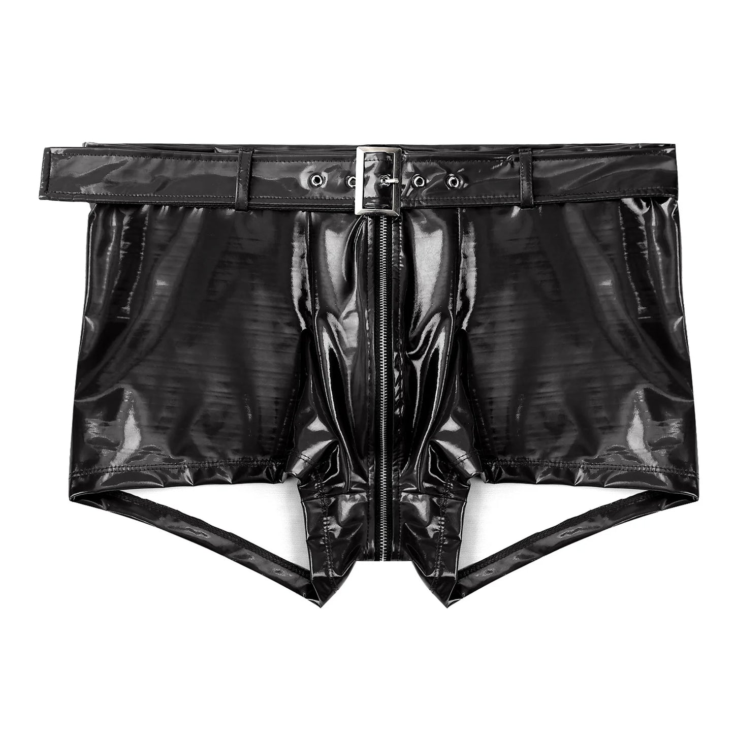 Black wet-look PVC boxer briefs with front zipper and metal strap
