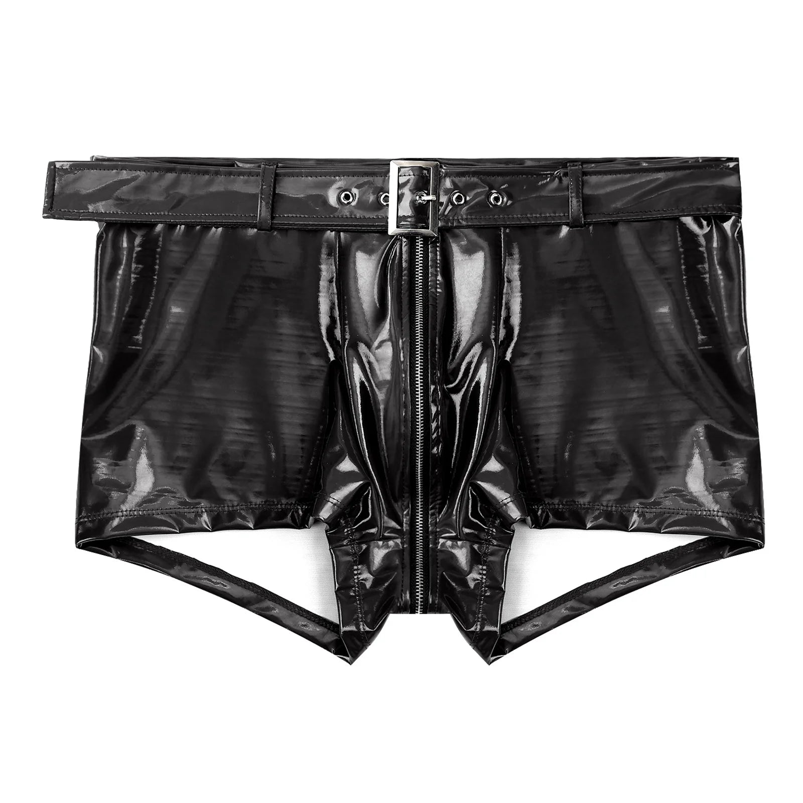 Black wet-look PVC boxer briefs with front zipper and metal strap