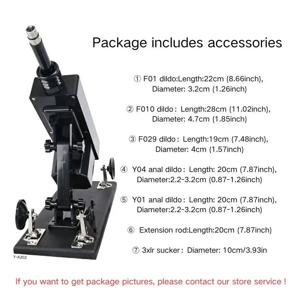 Automatic thrusting sex machine, black base with multiple dildo attachments and 3XLR suction cup
