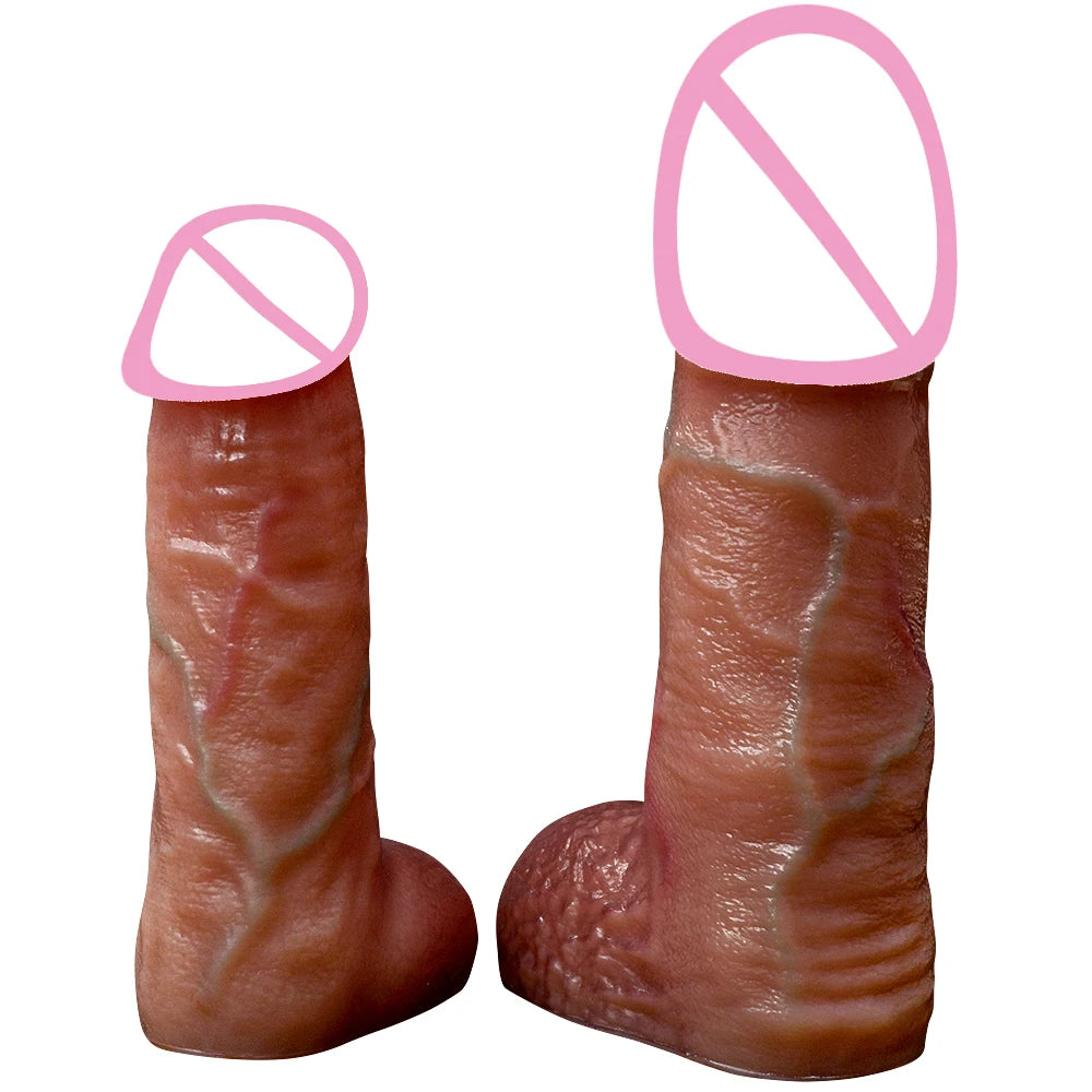 Silicone penis extension sleeve, brown, two-piece view showing openings on ends