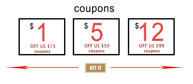 Coupons banner with $1 off $15, $5 off $50, and $12 off $99 offers