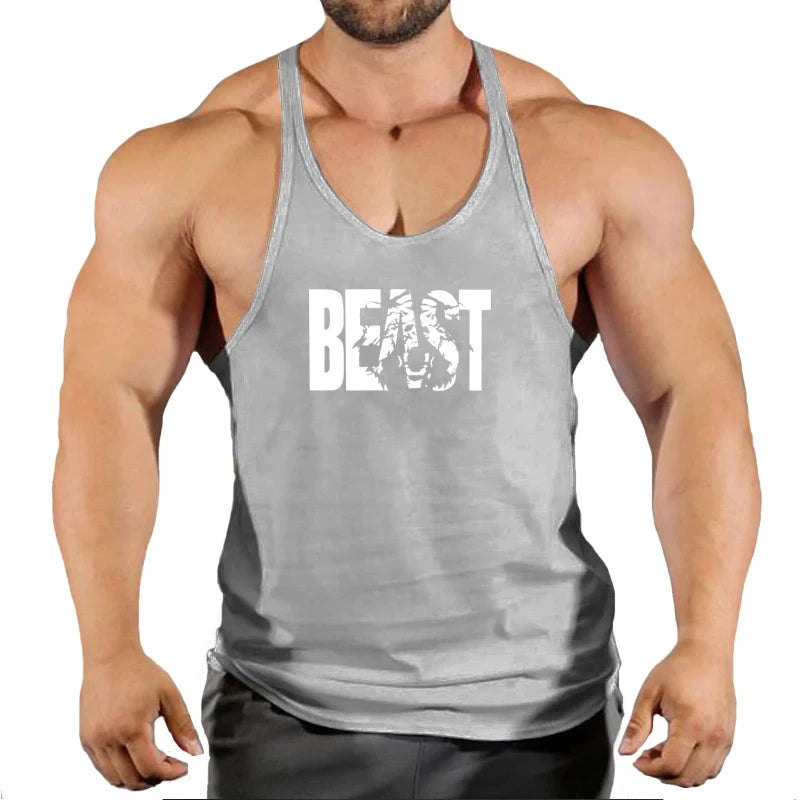 Men’s gym stringer singlet vest in heather gray with “BEAST” chest graphic