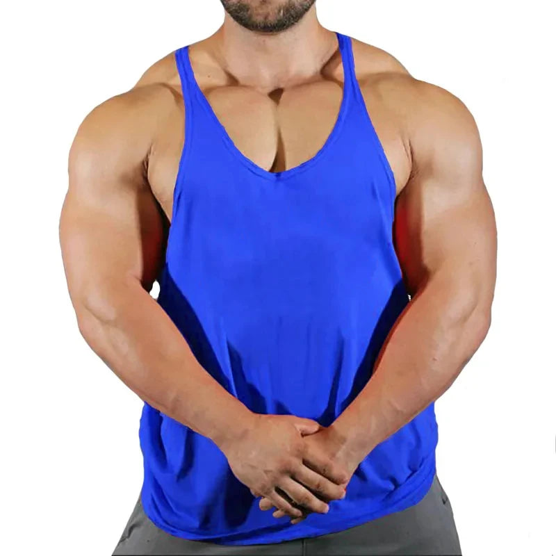 Men's blue gym stringer singlet vest with racerback and scoop neck