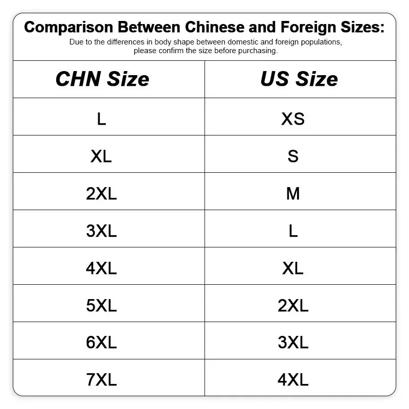 Size comparison chart: Chinese sizes vs US sizes (CHN Size to US Size)