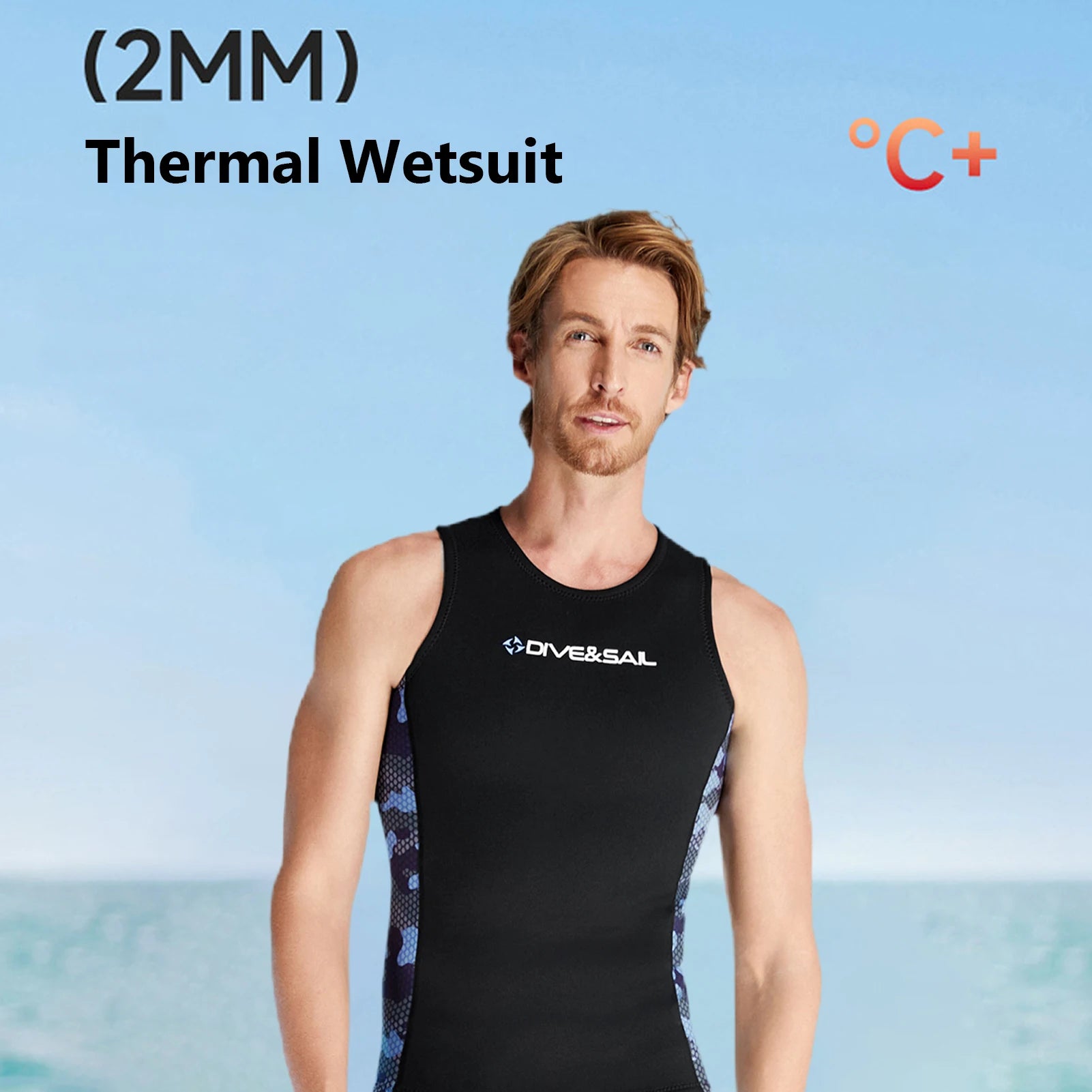 Men's black sleeveless wetsuit vest with blue camo side panels, front view