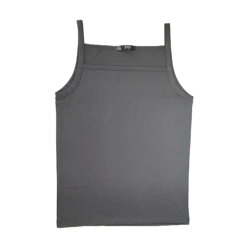Charcoal gray sleeveless cotton tank vest with spaghetti straps and square neckline