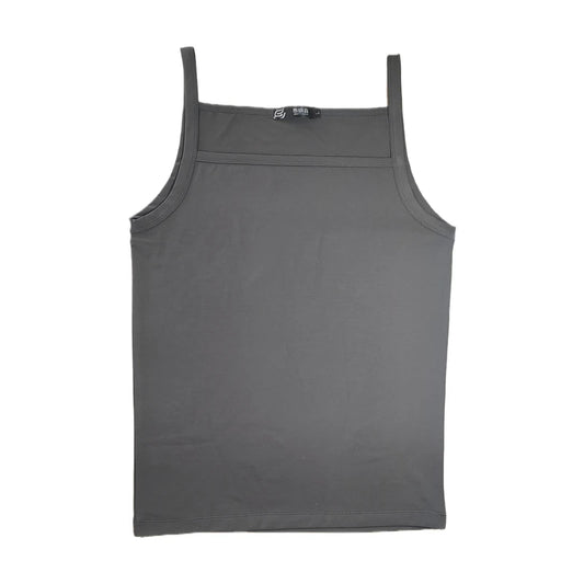 Charcoal gray sleeveless cotton tank vest with spaghetti straps and square neckline