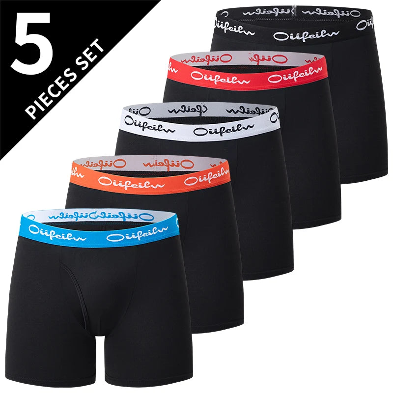 Five-pack black boxer briefs with multicolor logo waistbands