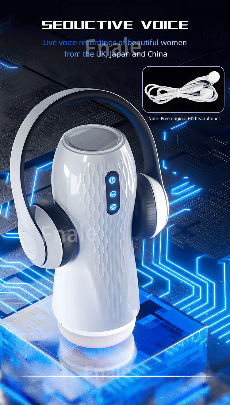 White masturbator cup with voice feature and wired headphone attachment