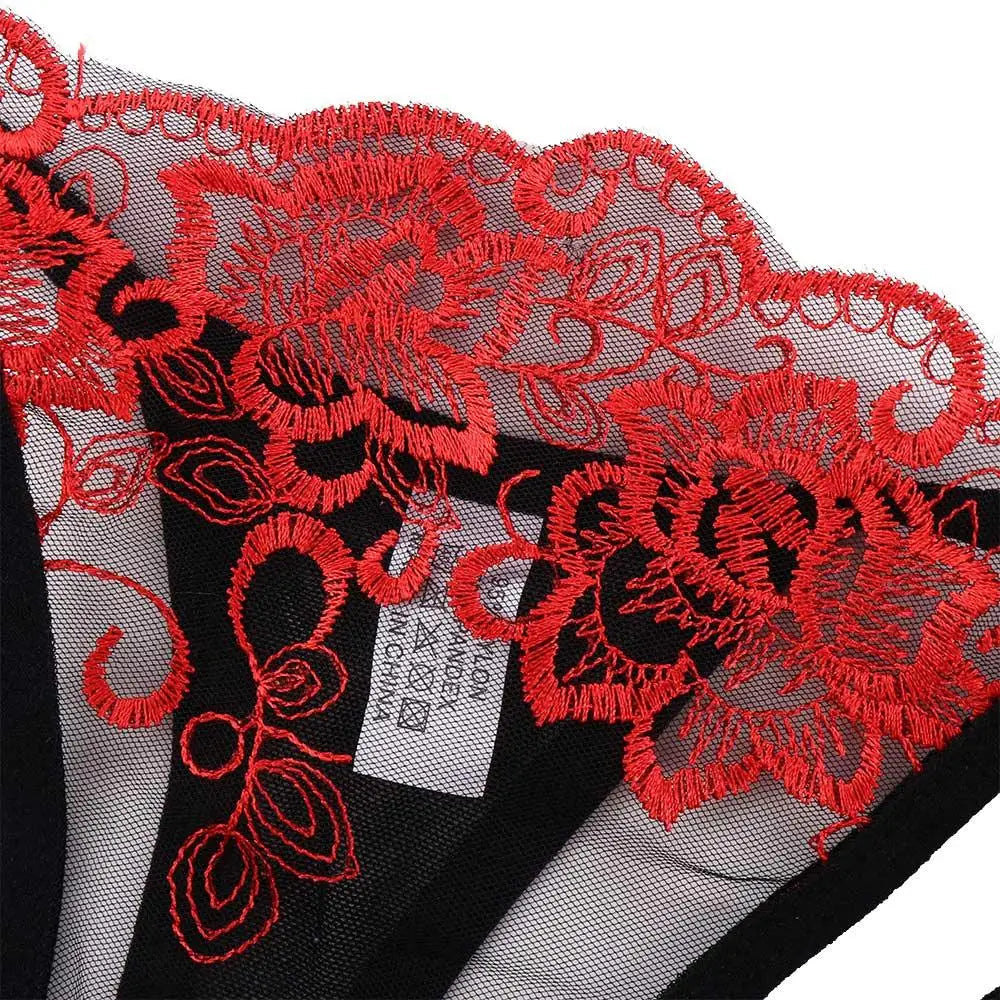 Red embroidered lace panty brief with black bow ties and scalloped lace trim