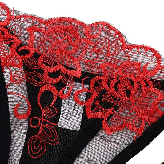 Red embroidered lace panty brief with black bow ties and scalloped lace trim
