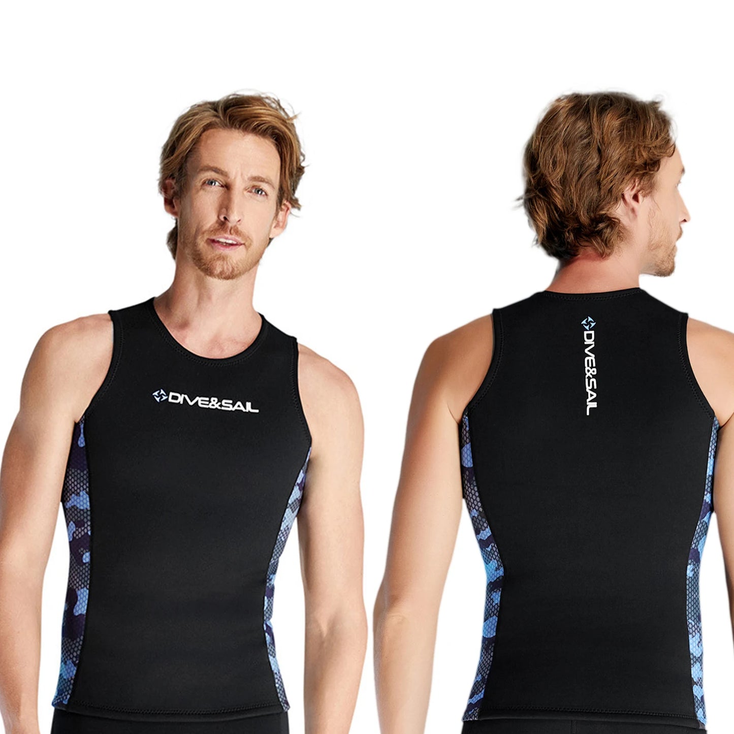 Men's black sleeveless wetsuit vest with blue camo side panels, front view