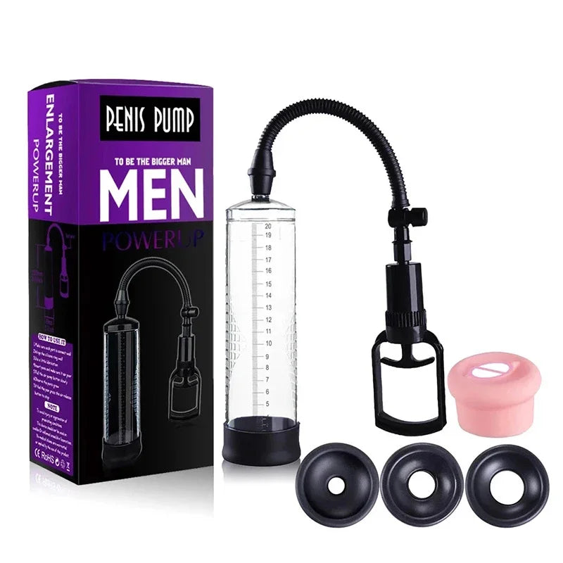 Penis pump kit with clear cylinder, black pump handle, pink sleeve, and three ring seals