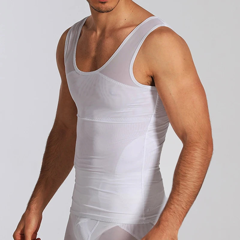 Men's white compression vest with sleeveless mesh trim and fitted abdomen panel