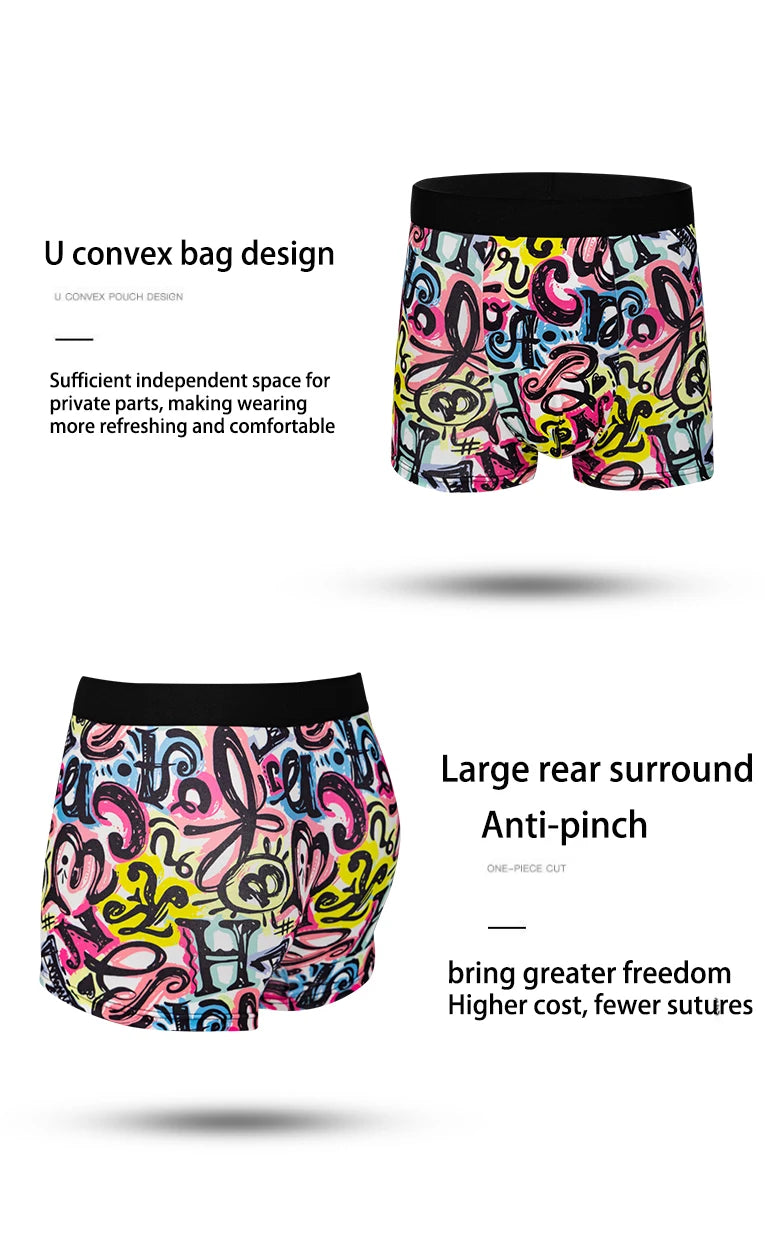 Multicolor printed casual boxer shorts with black waistband and abstract graffiti pattern