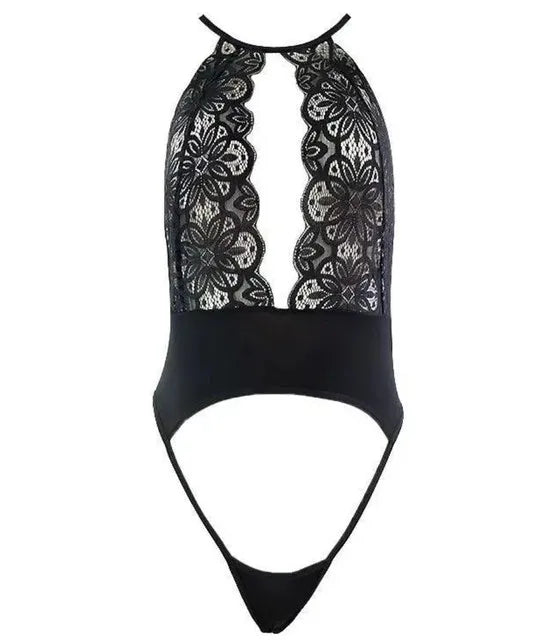 Black lace halter babydoll with scalloped open-front bodice and thong-style back
