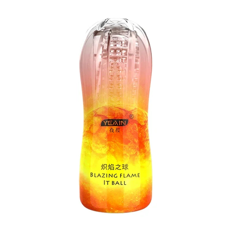 Orange-yellow vibrating stroker cup with translucent body and textured interior
