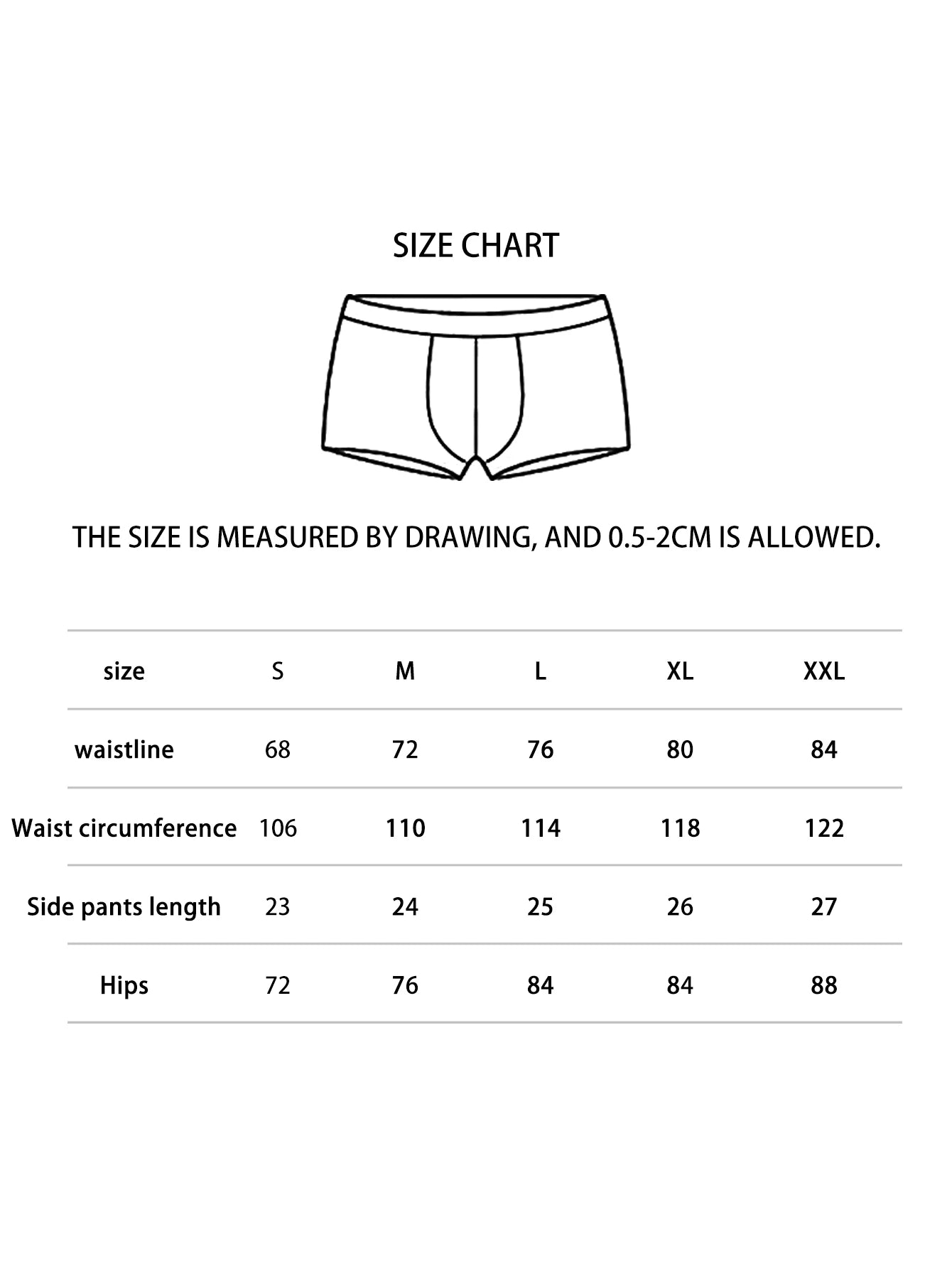 Boxer shorts sizing chart graphic with outline of underwear