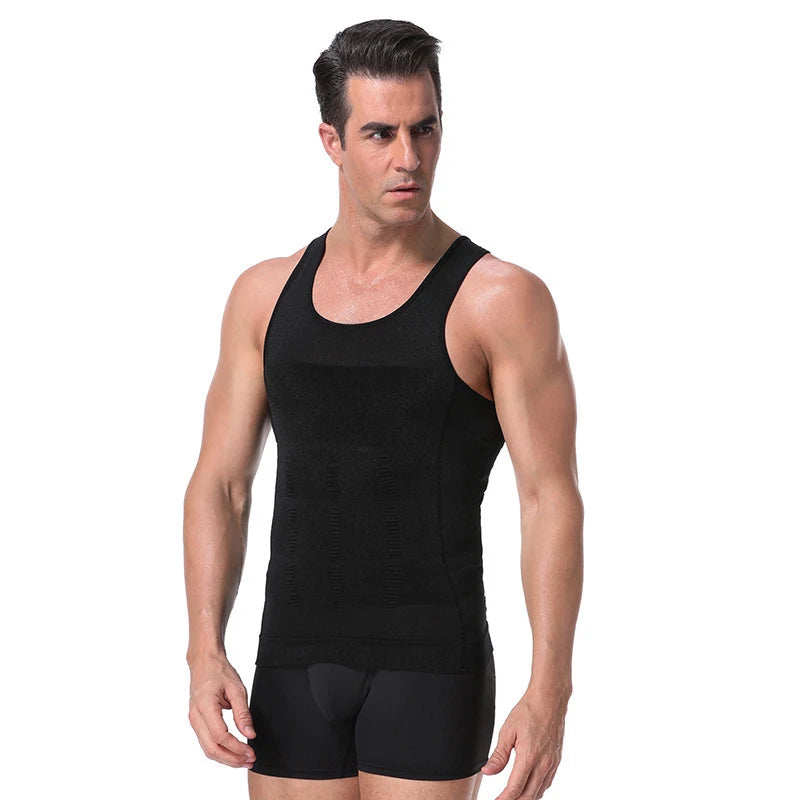 Men's black compression corset vest with shaping panel rows and racerback fit