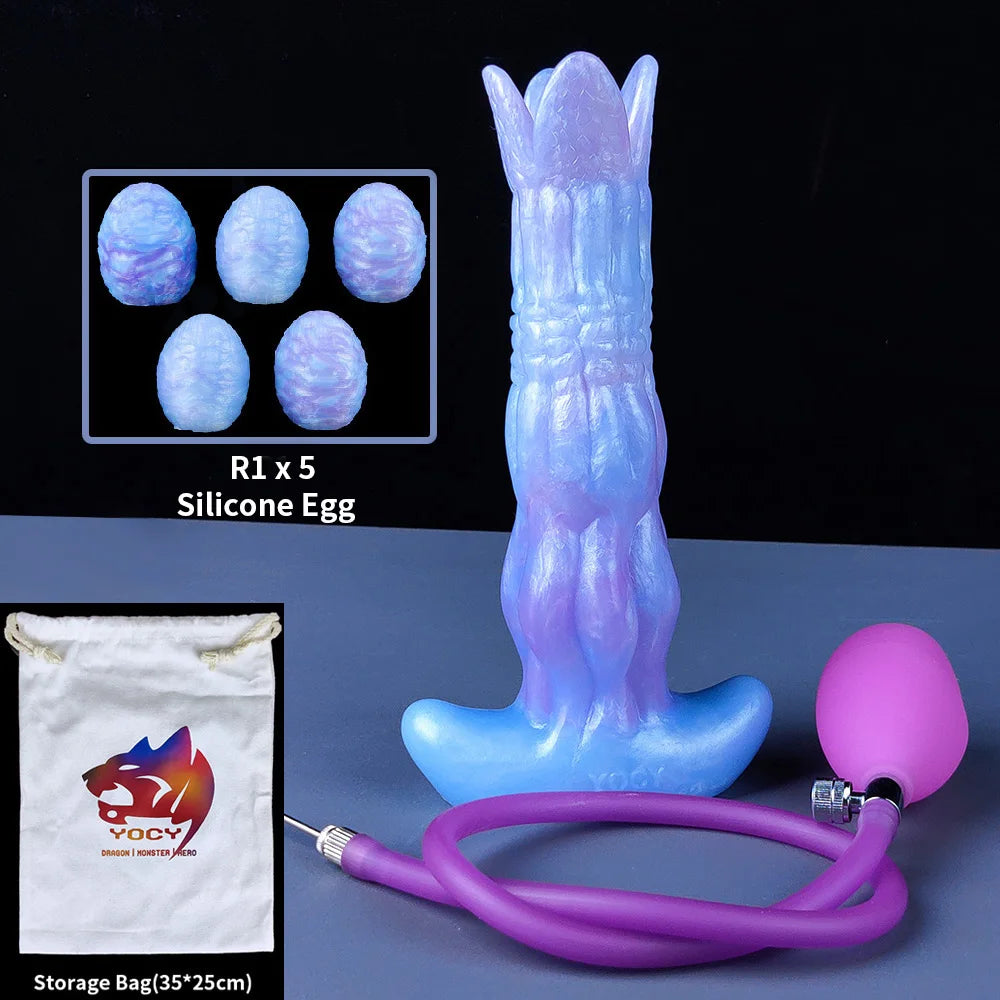 Light blue ovipositor dildo kit with egg accessories and storage bag