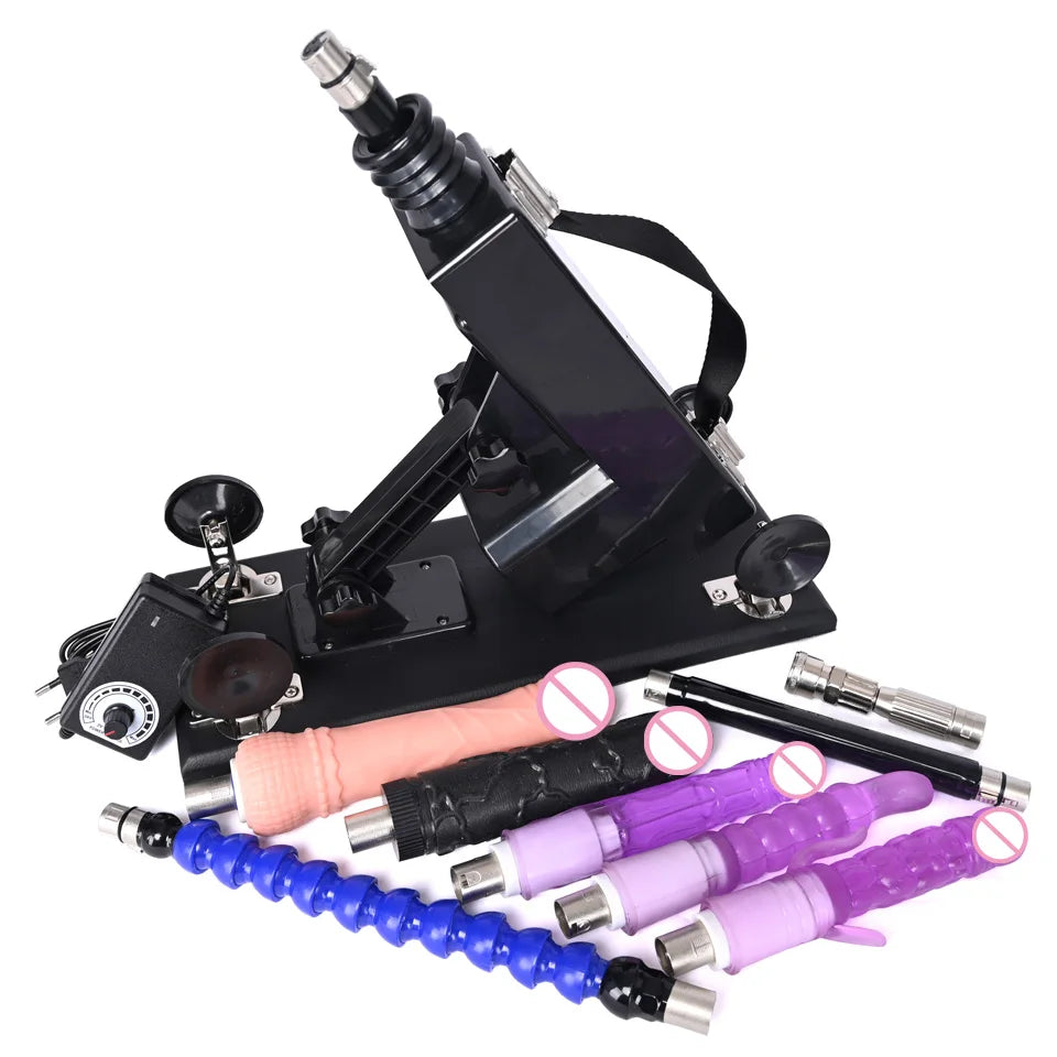 Automatic thrusting sex machine with purple, lilac, and blue rod attachments on black frame