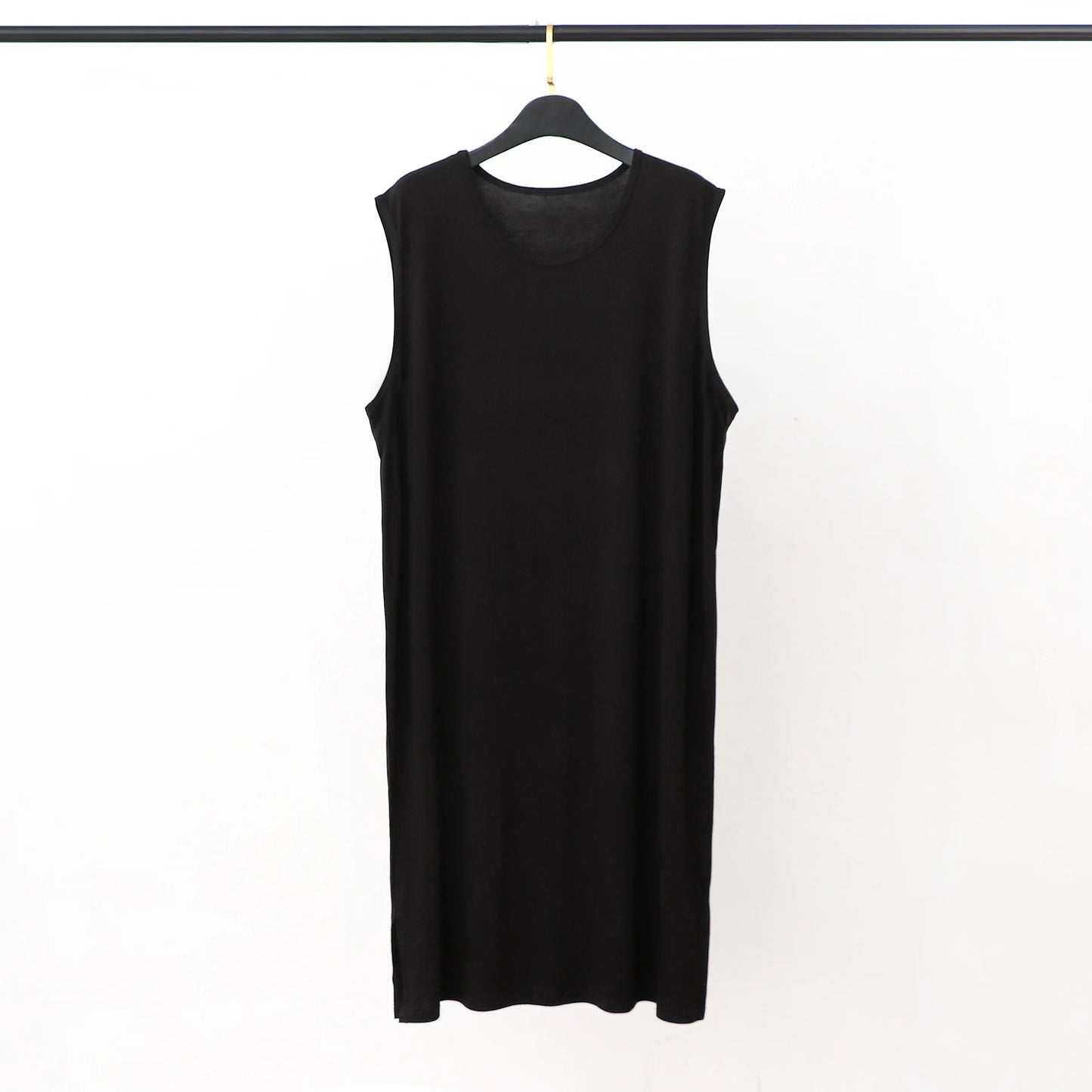 Black sleeveless sleepwear vest dress on hanger