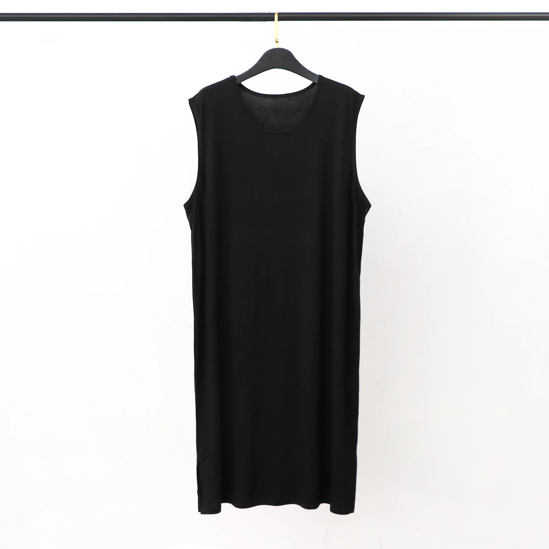 Black sleeveless sleepwear vest dress on hanger