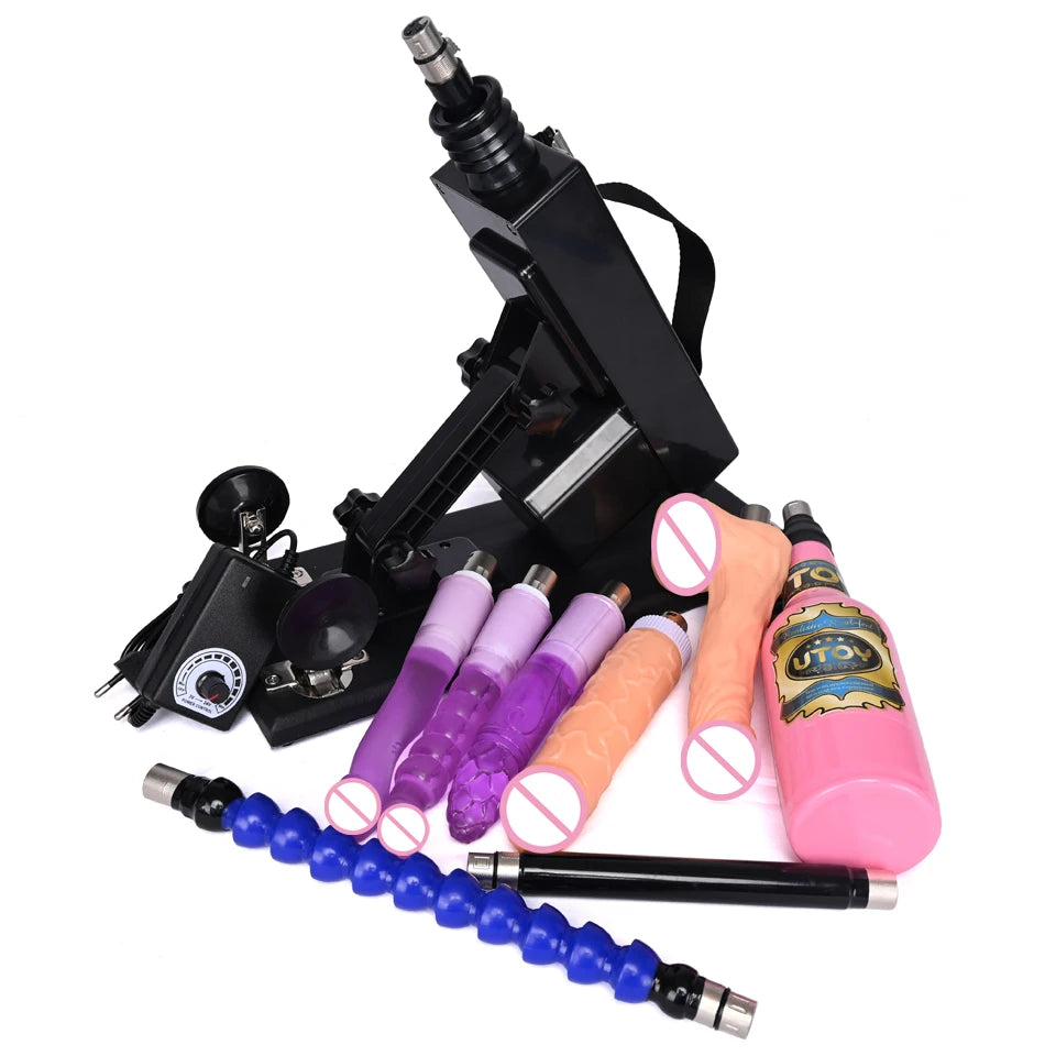 Automatic thrusting sex machine kit with pink bottle, purple and blue rods, and black frame