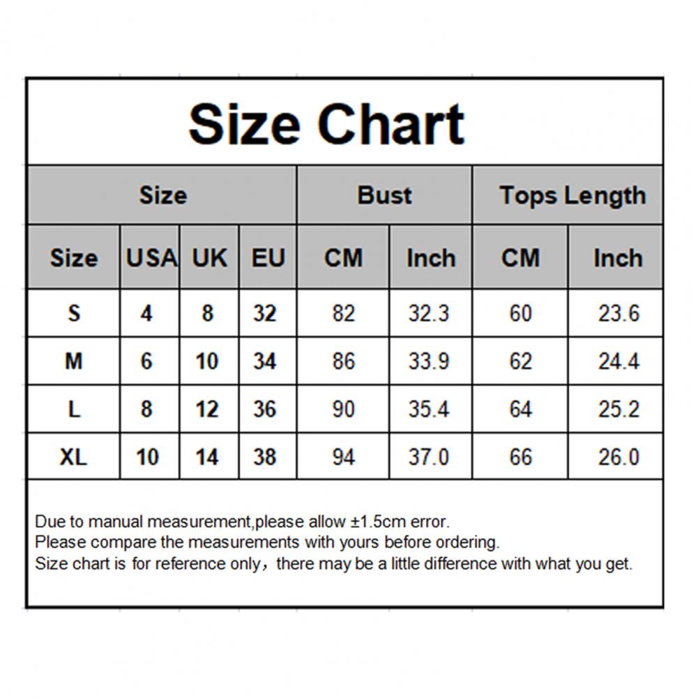 Size chart table with tops length and bust measurements in cm and inches for S to XL