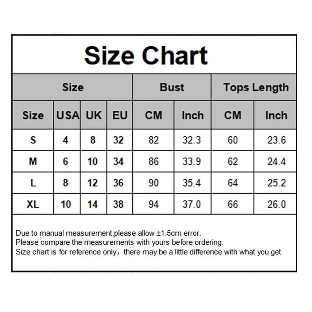 Size chart for tops: bust and top length in cm and inches, sizes S to XL