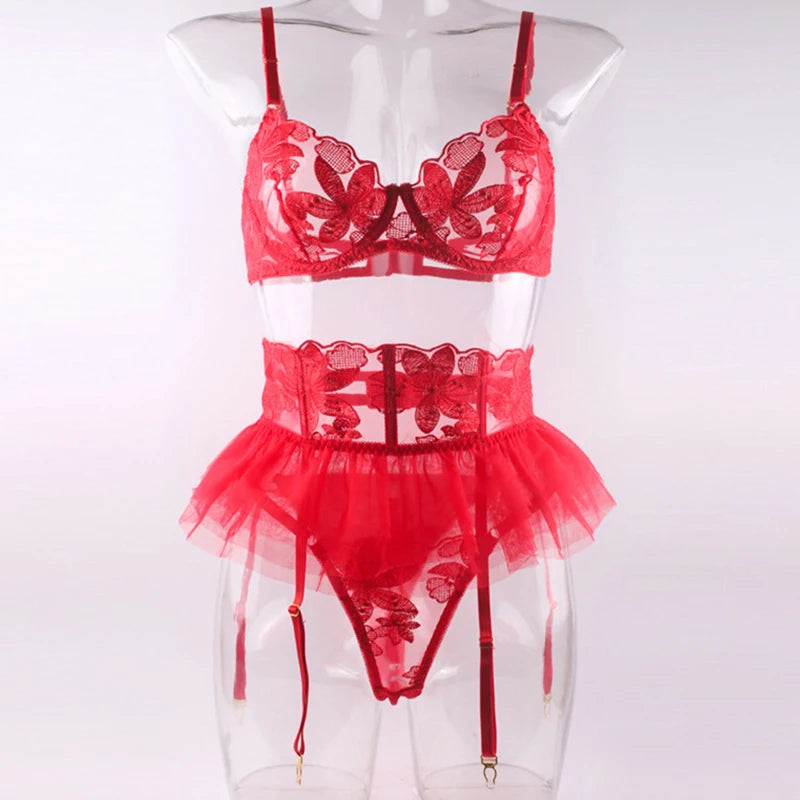Red embroidered mesh bustier-style bra set with sheer garter belt and thong