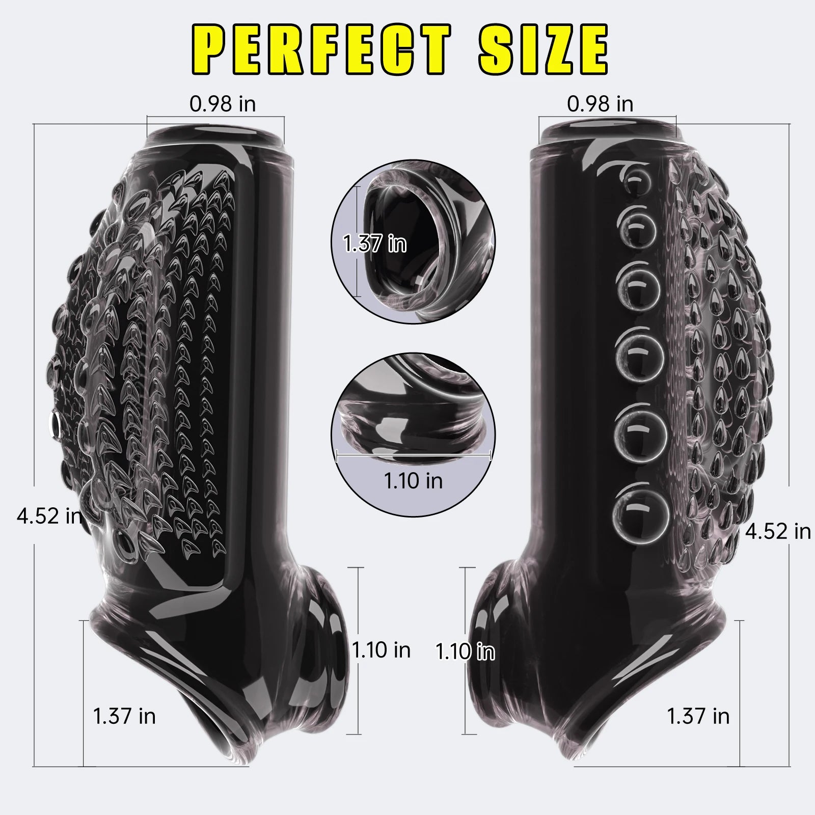 Black delay cock ring with segmented bump design on the textured band and base
