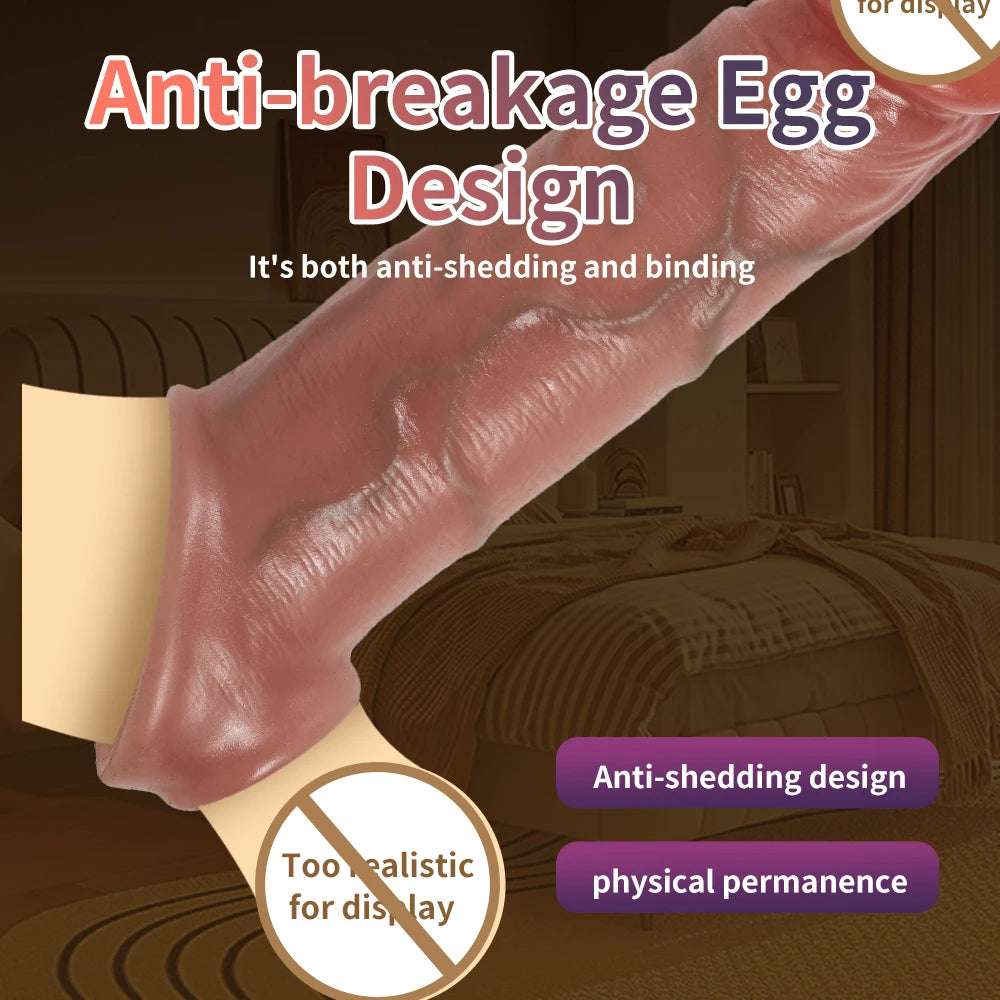 Anti-breakage design: stretchy glossy penis extension sleeve, held lengthwise.