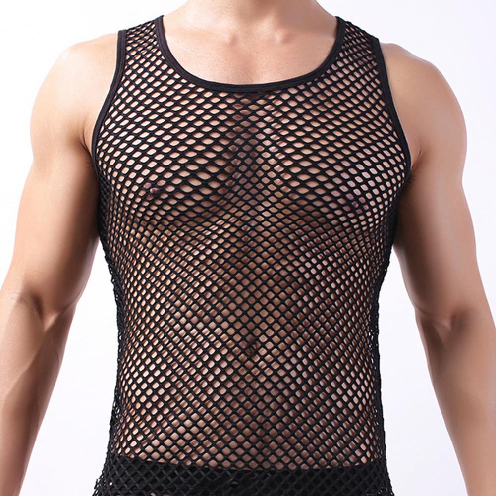 Black sheer mesh long sleeve vest front view, round neck and fishnet grid texture