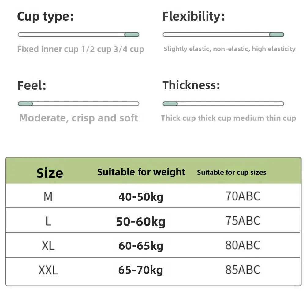 Seamless bra size chart: M–XXL with weights and cup sizes 70–85 ABC