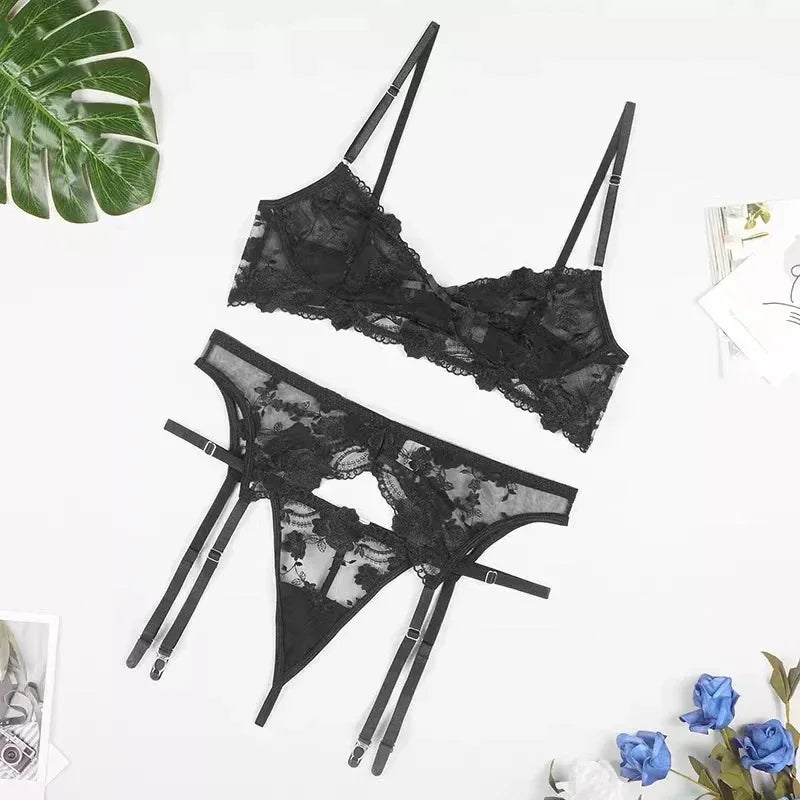 Black lace push-up bra and garter panty set with adjustable straps, bows, rose embroidery