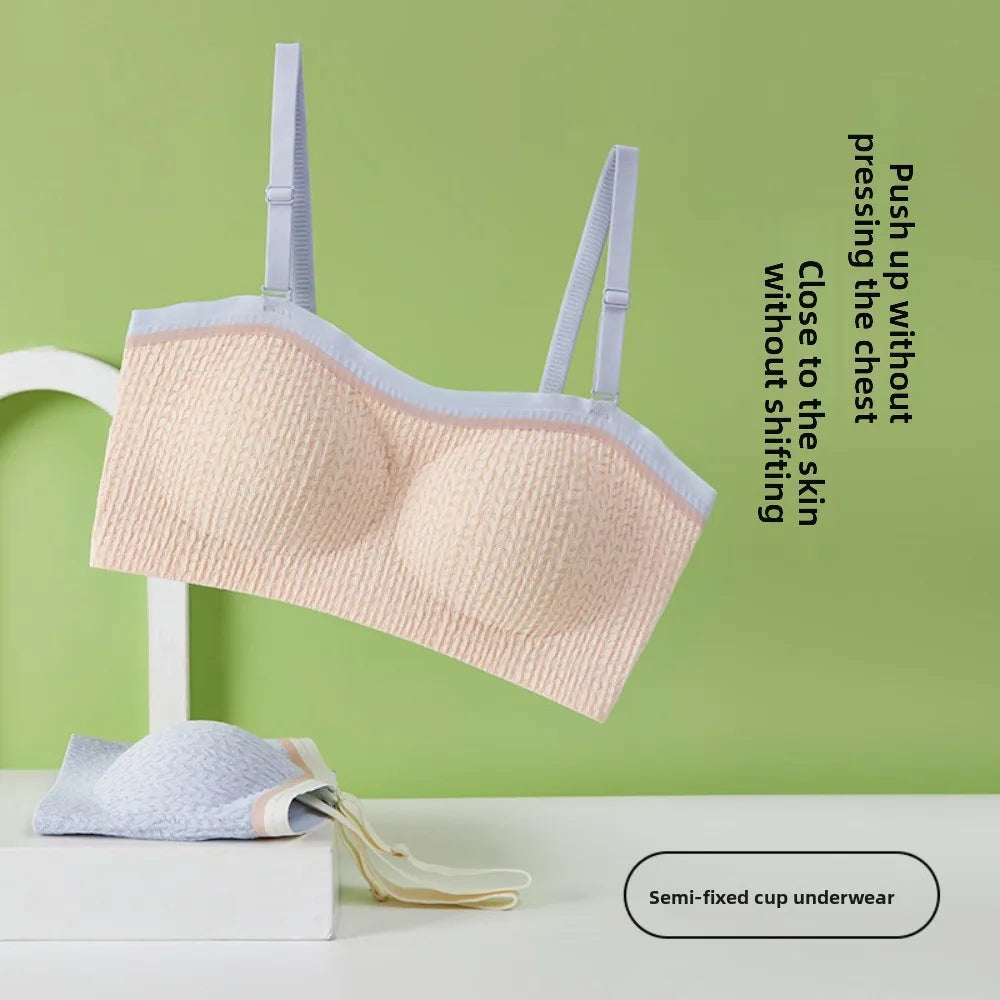 Nude wireless bra with adjustable straps and semi-fixed cup style, underwire-free