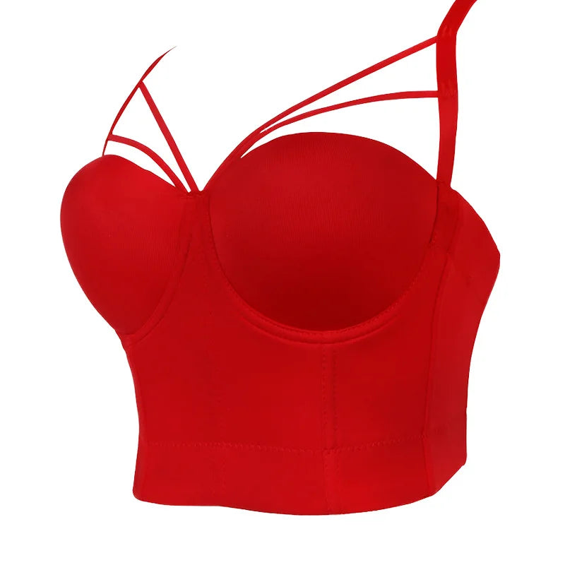 Close-up red corset bustier bra with underwire cups and thin straps