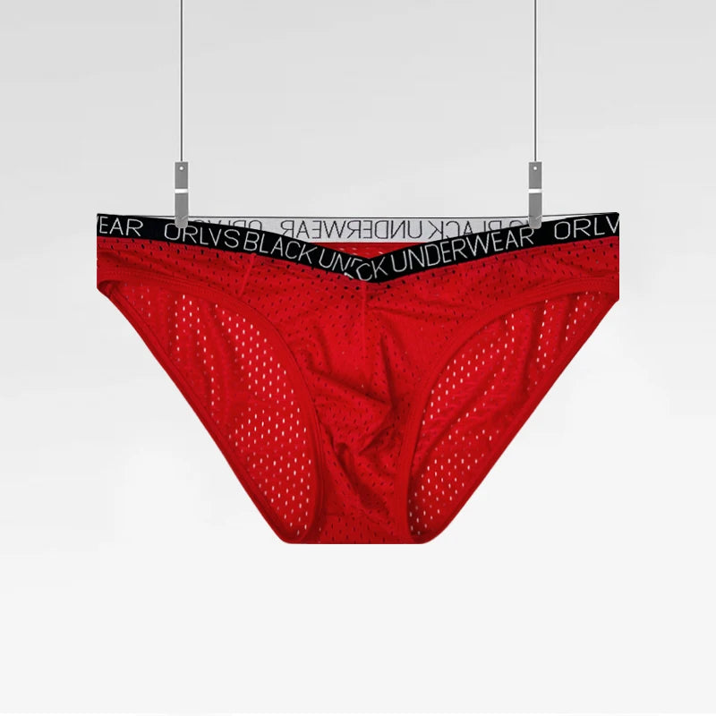 Red sheer mesh pouch brief, hanging view, logo elastic waistband