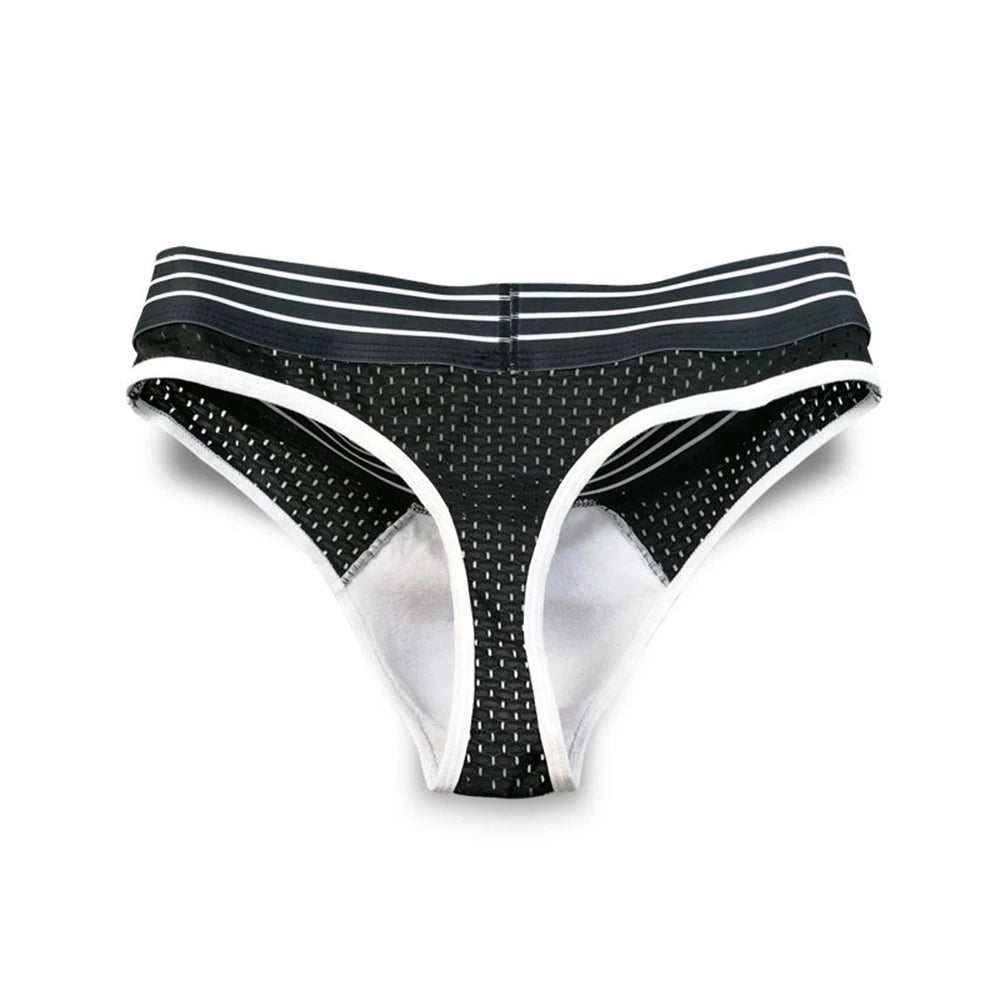 Black mesh U-pouch brief with white trim and striped waistband banding
