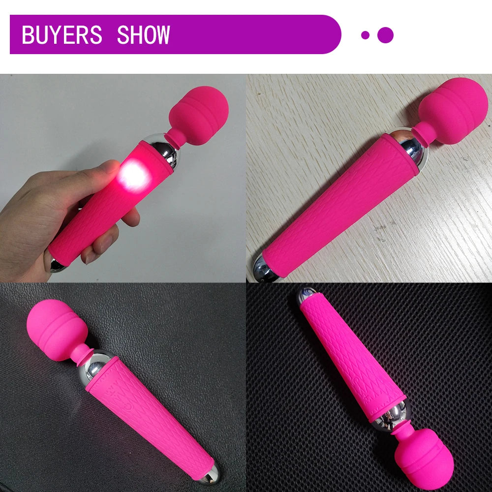 Rechargeable magic wand vibrator in hot pink with textured grip and domed silicone head