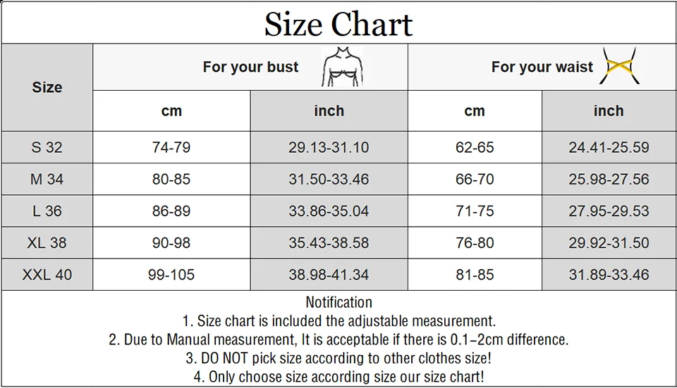 Size chart: bust and waist measurement table (cm/in)